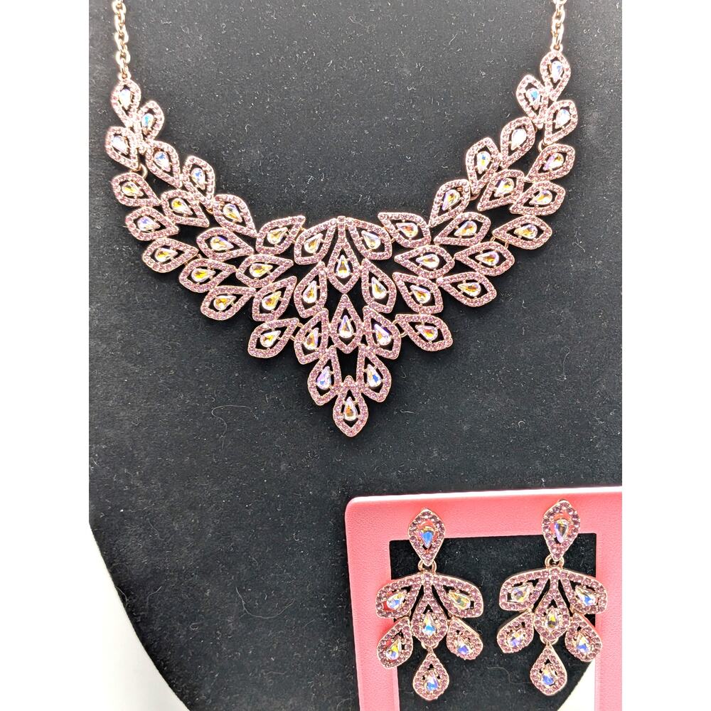 INC Gold Tone Pink Rhinestone Crystal Leaf Bib Necklace Chandelier Earrings Set